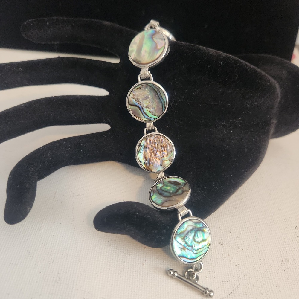 Abalone Shell Silver Tone Link Bracelet Iridescent Toggle Clasp Adjustable